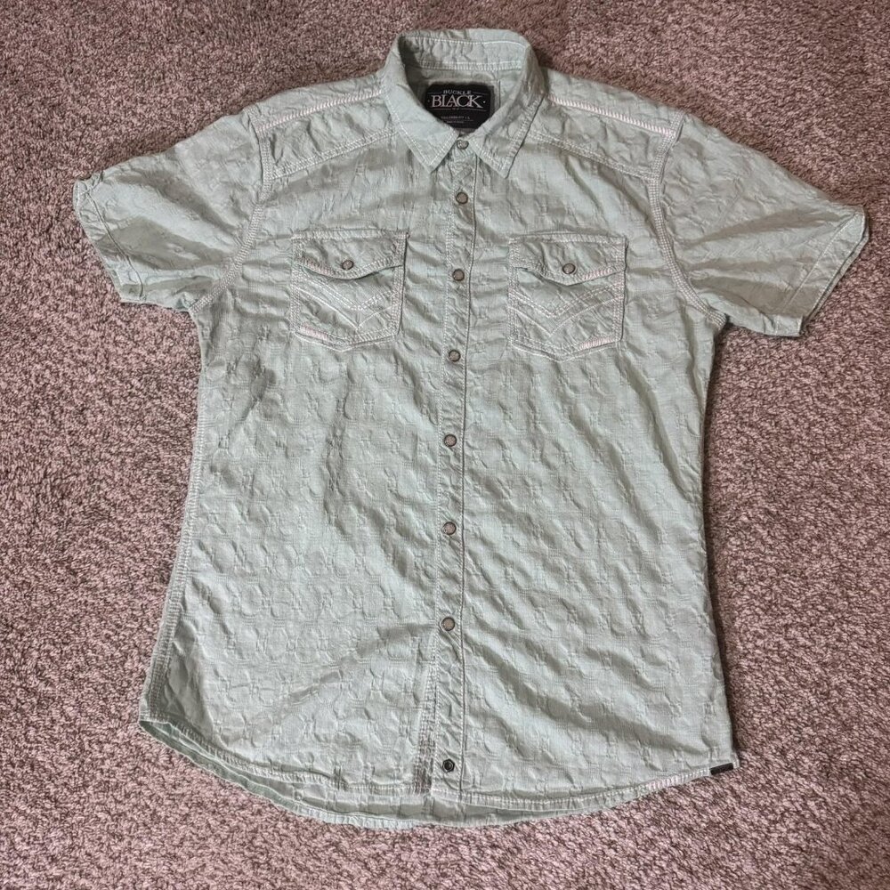Buckle Black Shirt Mens Large Light Green Tailored Fit Short Sleeve Western Snap
